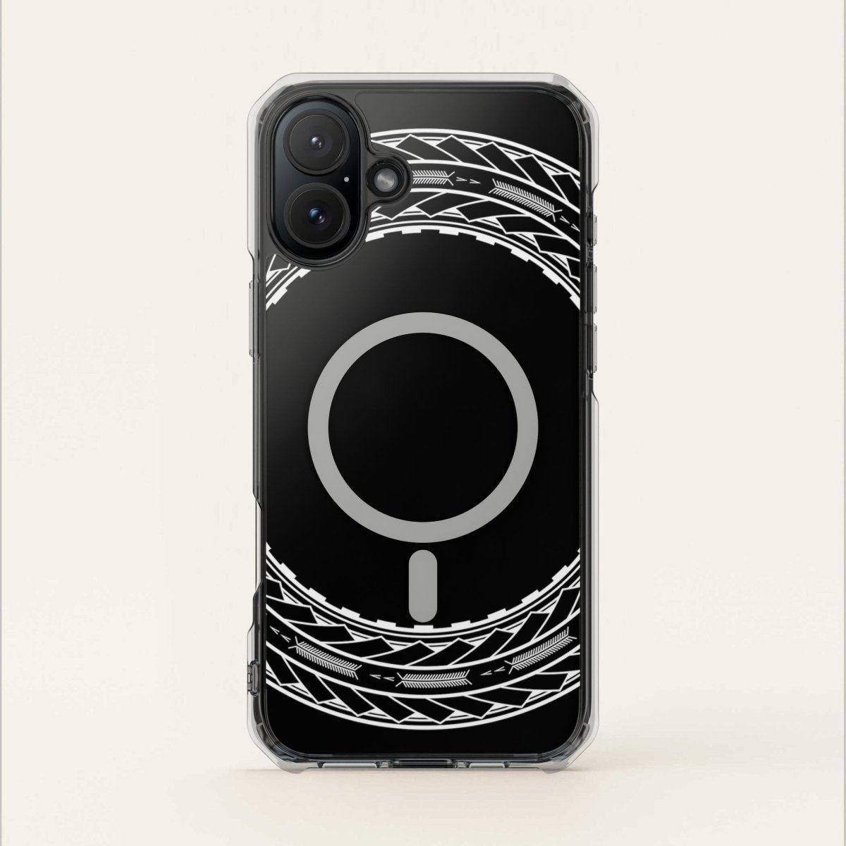 PasifikaOne MagSafe clear case for iPhone 16 with Samoan Arrows design, showcasing a transparent protective cover.