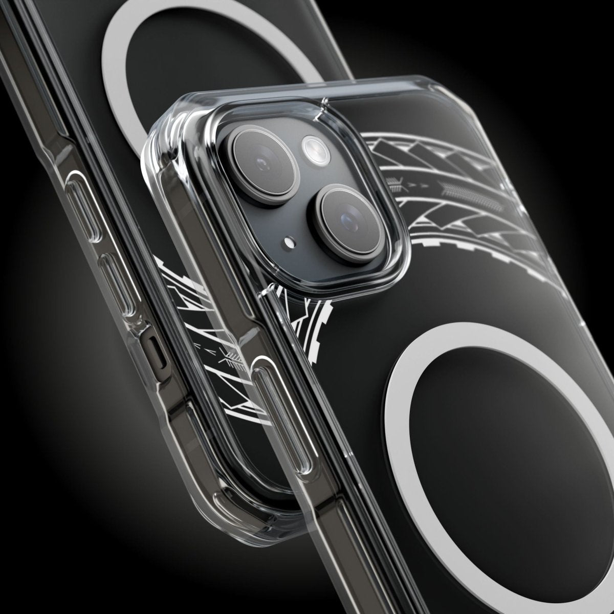 PasifikaOne MagSafe iPhone clear case with Samoan arrows design, compatible with iPhone 16 and MagSafe accessories.