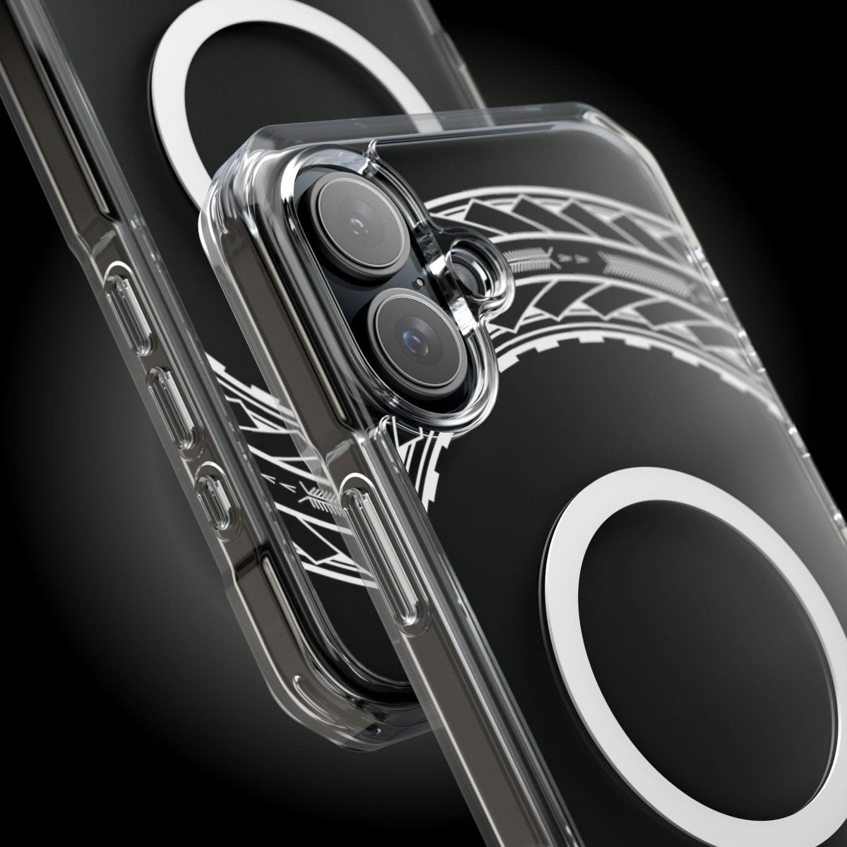 WOYC PasifikaOne MagSafe clear case for iPhone 16 features Samoan arrows design, showcasing a transparent protective phone cover.