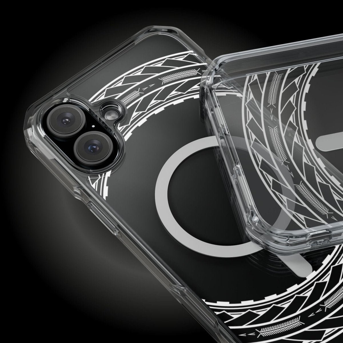 WOYC PasifikaOne MagSafe iPhone clear case with Samoan arrows design, compatible with iPhone 16, showcasing a transparent protective cover.