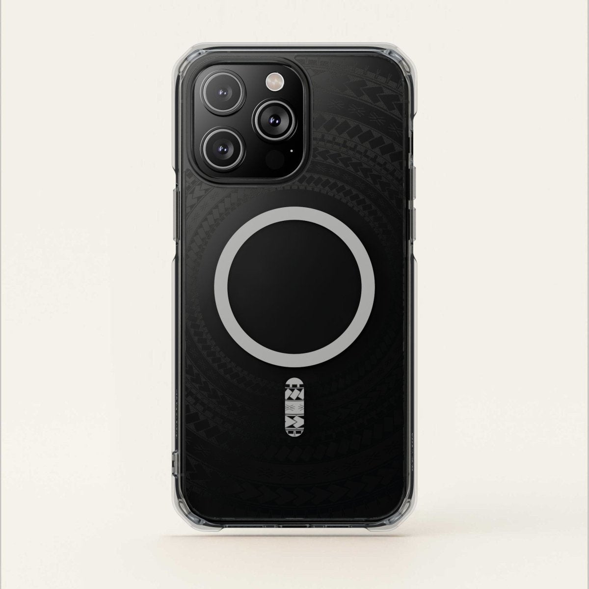 PasifikaOne MagSafe clear case for iPhone 16 in Samoan Black, designed for magnetic attachment and transparent protection.