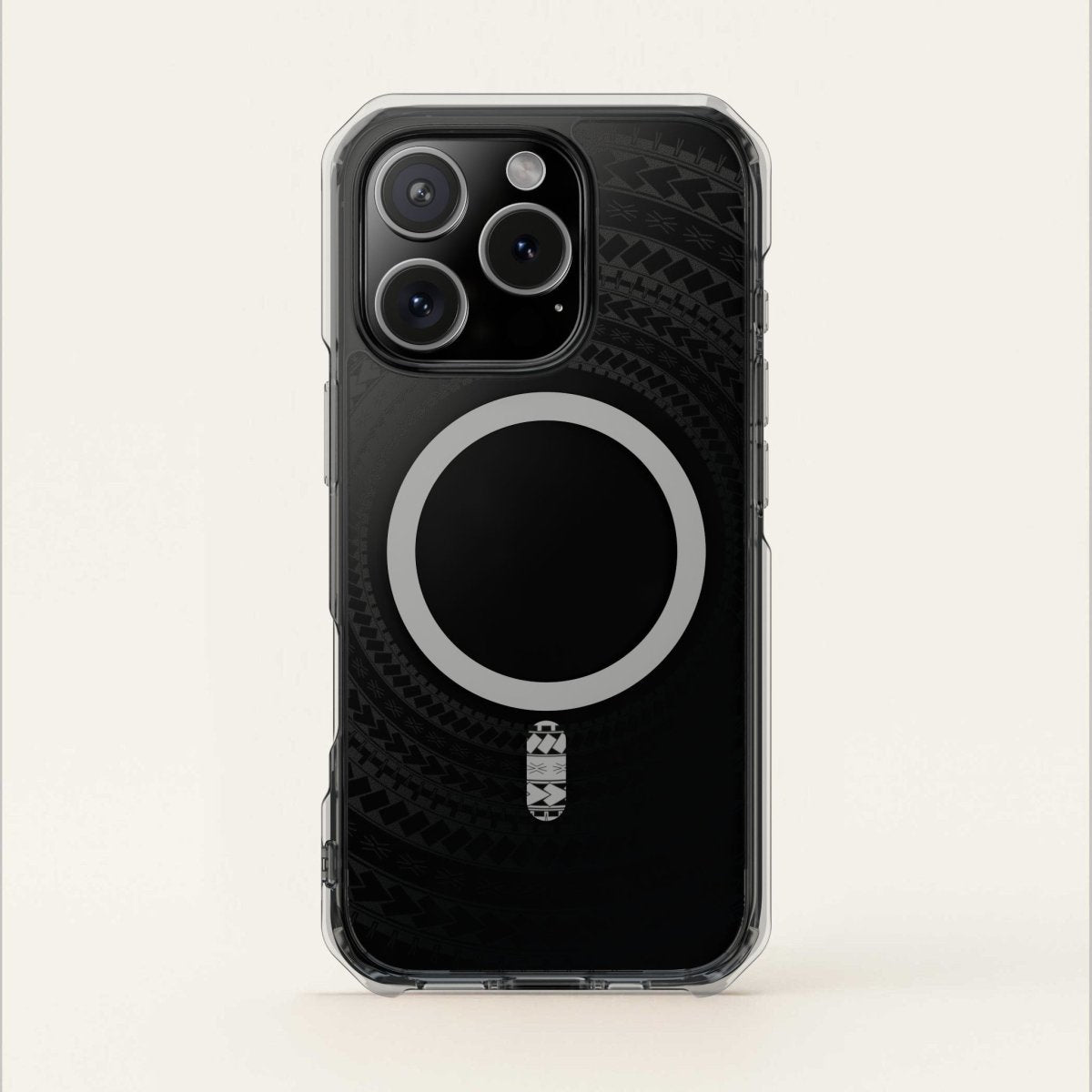 PasifikaOne MagSafe clear case for iPhone 16 in Samoan Black, featuring transparent design and MagSafe compatibility.