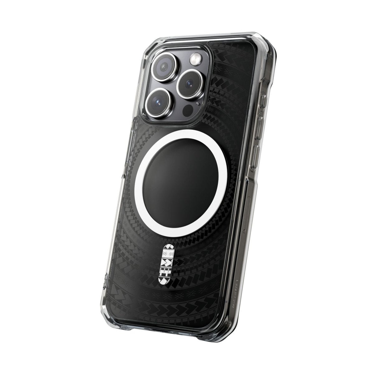 PasifikaOne MagSafe iPhone clear case in Samoan Black, designed for iPhone 16, showcasing transparent protective cover.