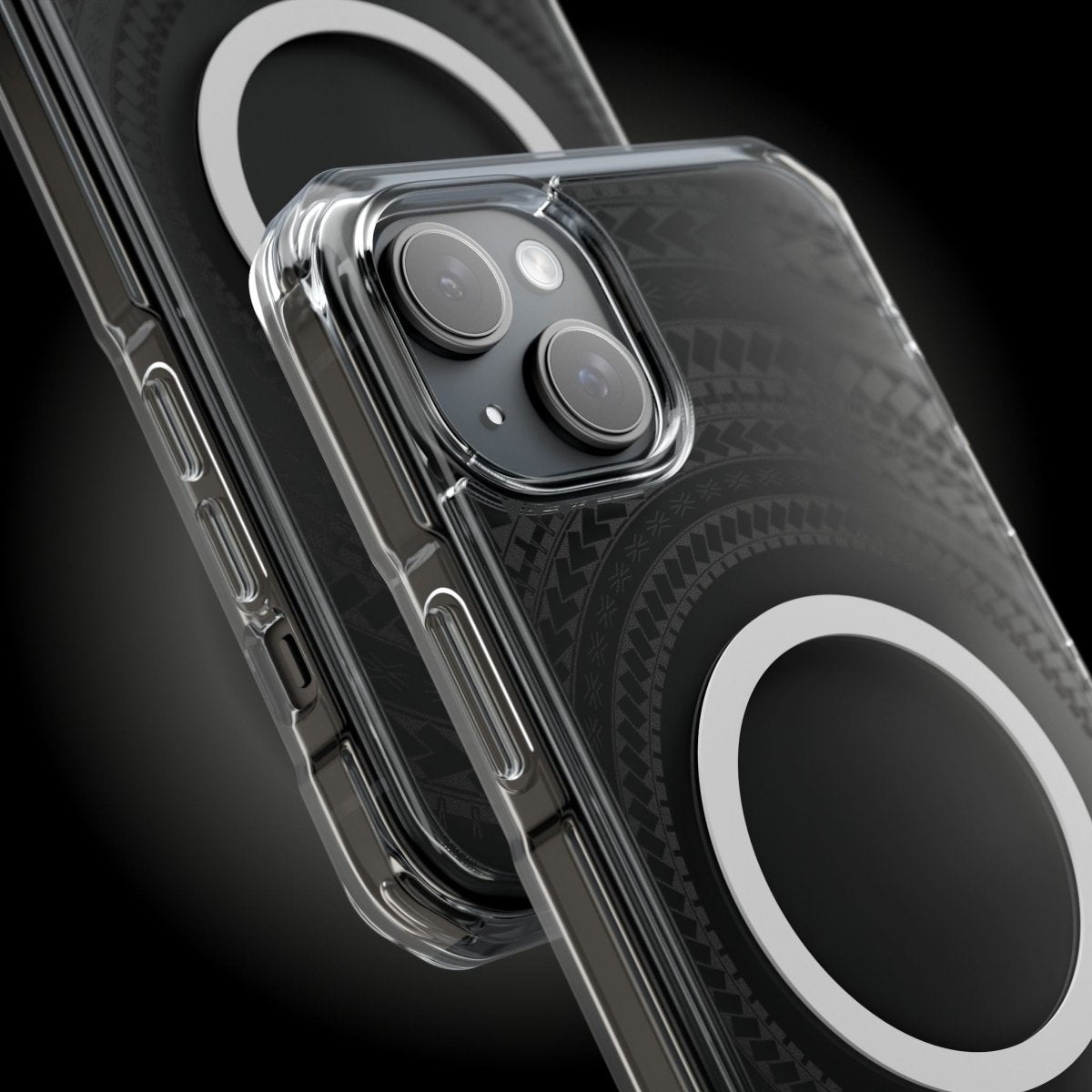 PasifikaOne MagSafe clear case for iPhone 16 in Samoan Black, transparent protective cover with MagSafe compatibility.