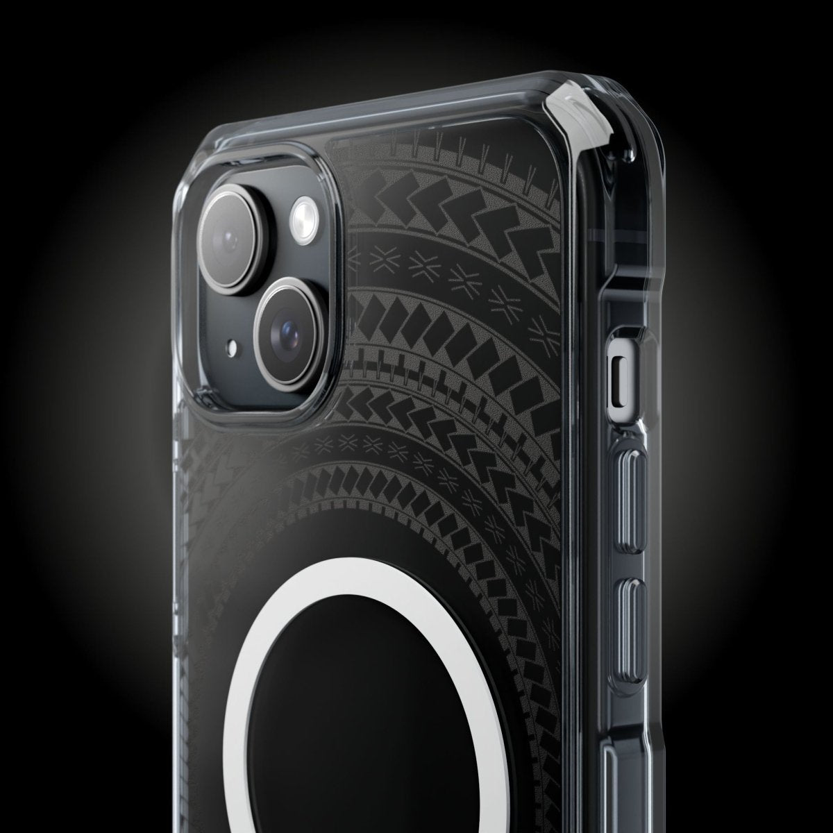 PasifikaOne MagSafe clear case for iPhone 16 featuring Samoan Black design, durable transparent protection, and magnetic compatibility