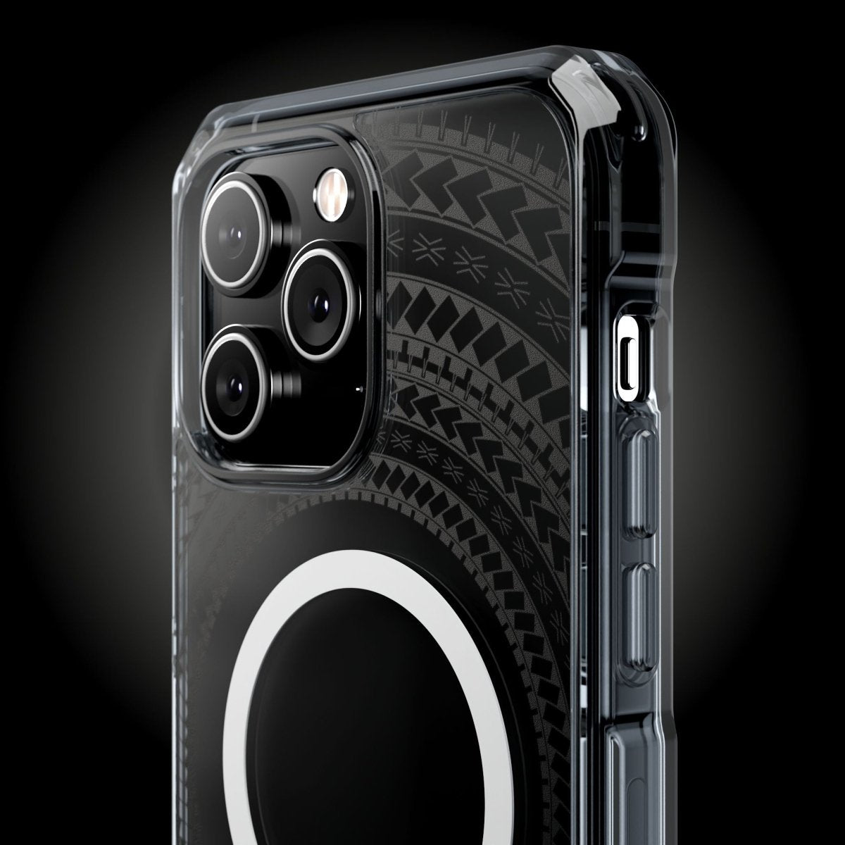 WOYC PasifikaOne MagSafe clear case for iPhone 16 featuring Samoan Black design, transparent protective cover with MagSafe compatibility.