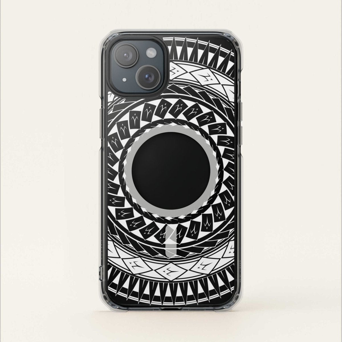 PasifikaOne MagSafe clear case for iPhone 16 featuring Samoan spear design, transparent Magsafe protective cover.