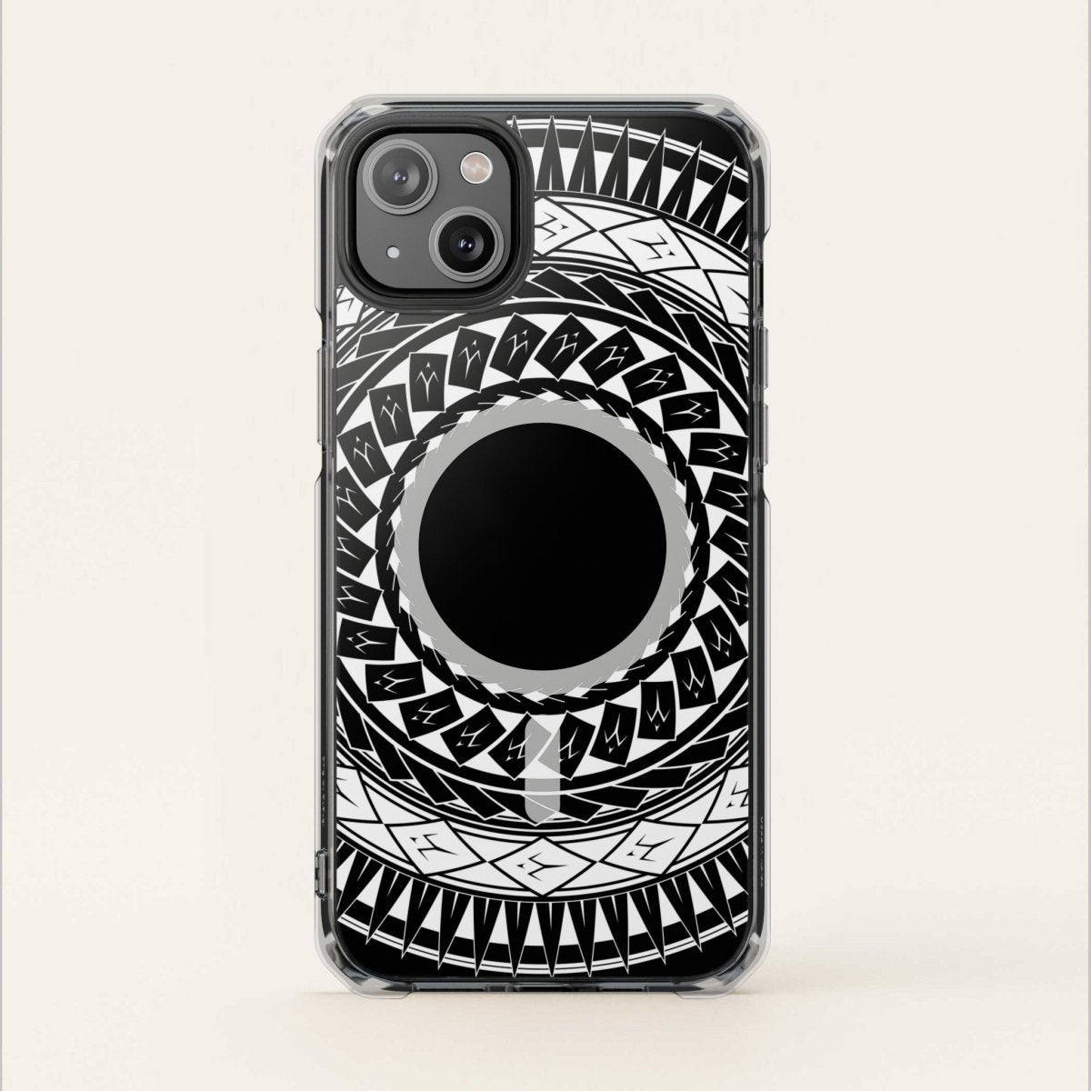 PasifikaOne MagSafe clear case for iPhone 16 with Samoan spear design, transparent protective Magsafe cover.