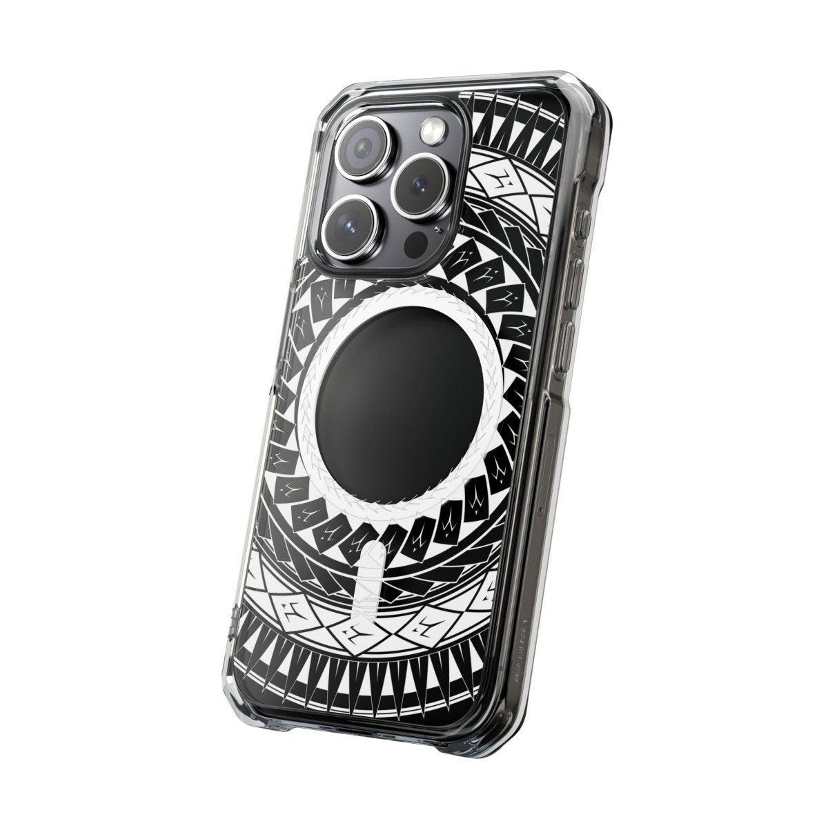 PasifikaOne MagSafe clear case for iPhone 16 featuring Samoan spear design, transparent protective cover with MagSafe compatibility.