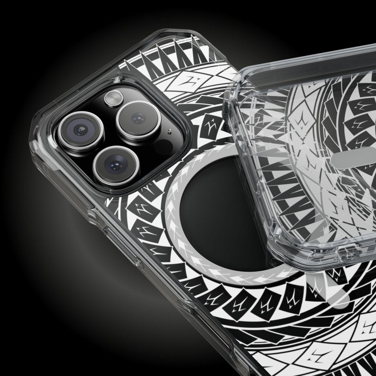 PasifikaOne MagSafe clear case for iPhone 16 with Samoan spear design, transparent protective phone cover.