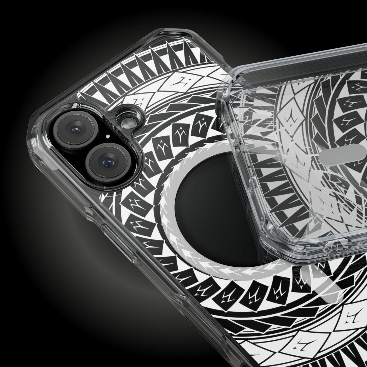 WOYC PasifikaOne MagSafe clear case for iPhone 16 with Samoan spear design, showcasing a durable, transparent Magsafe compatible case