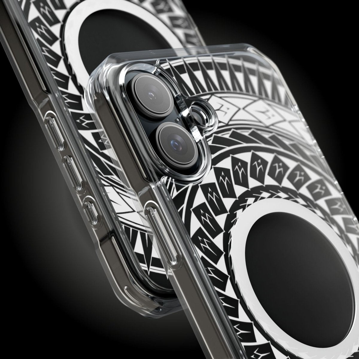 WOYC PasifikaOne MagSafe clear case for iPhone 16 with Samoan spear design, transparent Magsafe compatible iPhone case.
