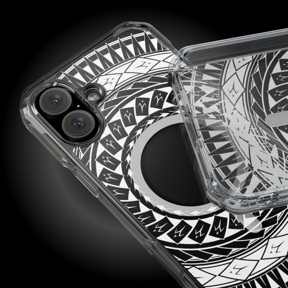 WOYC PasifikaOne MagSafe clear case for iPhone 16 with Samoan spear design, transparent protective MagSafe compatible phone case