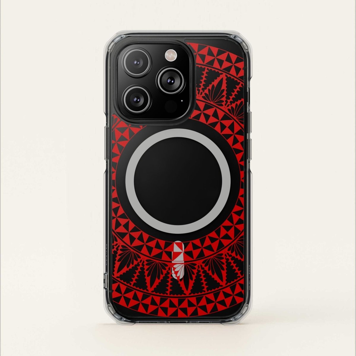 PasifikaOne MagSafe clear case for iPhone 16 featuring Tongan Redleaf design, transparent protective Magsafe case.