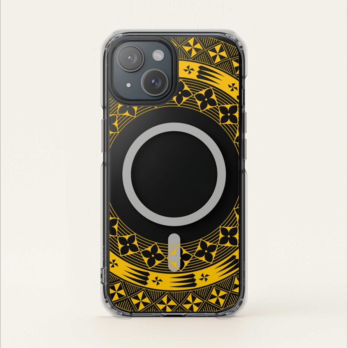 PasifikaOne MagSafe clear case for iPhone 16 in Tongan Yellow, showcasing transparent design and magnetic attachment.