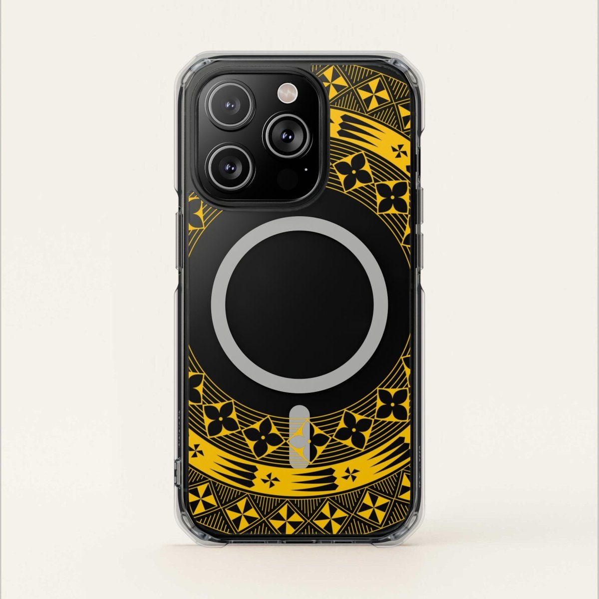 PasifikaOne MagSafe clear case for iPhone 16 in Tongan Yellow, showcasing a transparent design with yellow accents.
