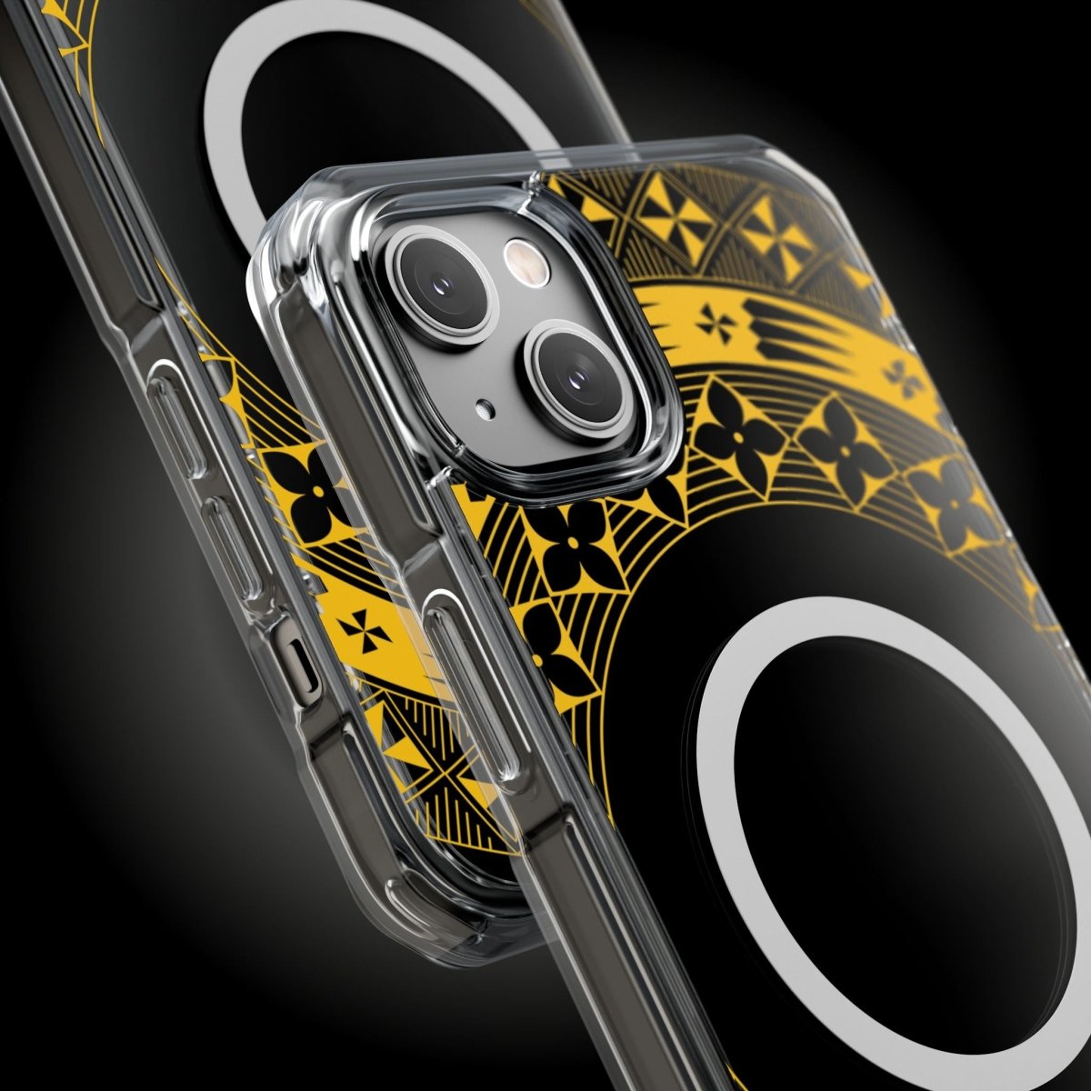 WOYC PasifikaOne MagSafe clear case for iPhone 16 in Tongan Yellow, showcasing a transparent design with yellow accents.