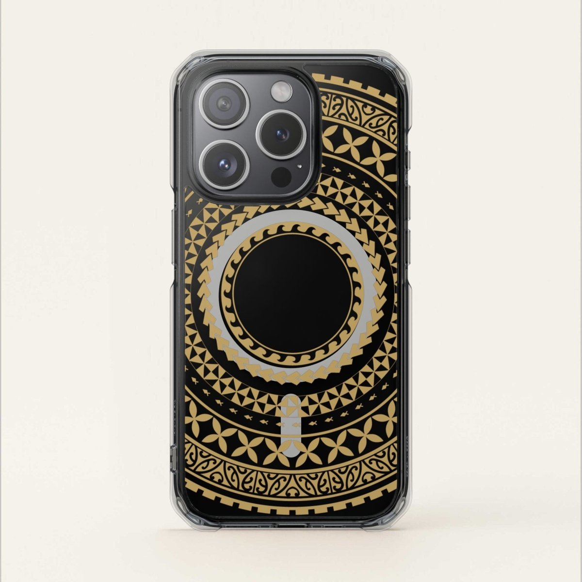 PasifikaOne MagSafe clear case for iPhone 16 in United Gold, showcasing slim, transparent design with gold accents.