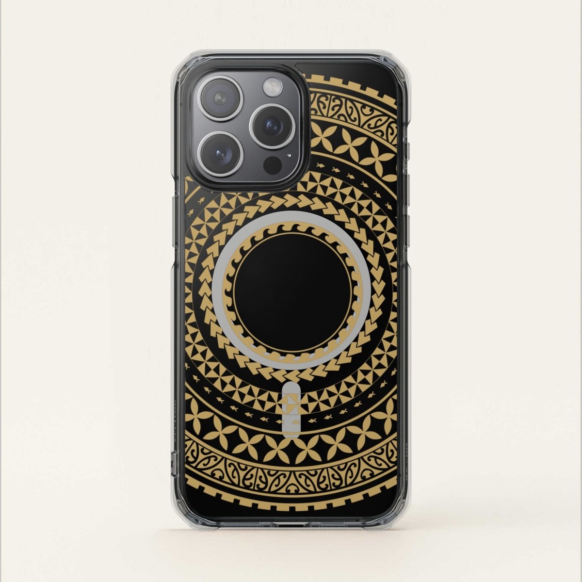 PasifikaOne MagSafe clear case for iPhone 16 in United Gold, showcasing a transparent design with gold accents.