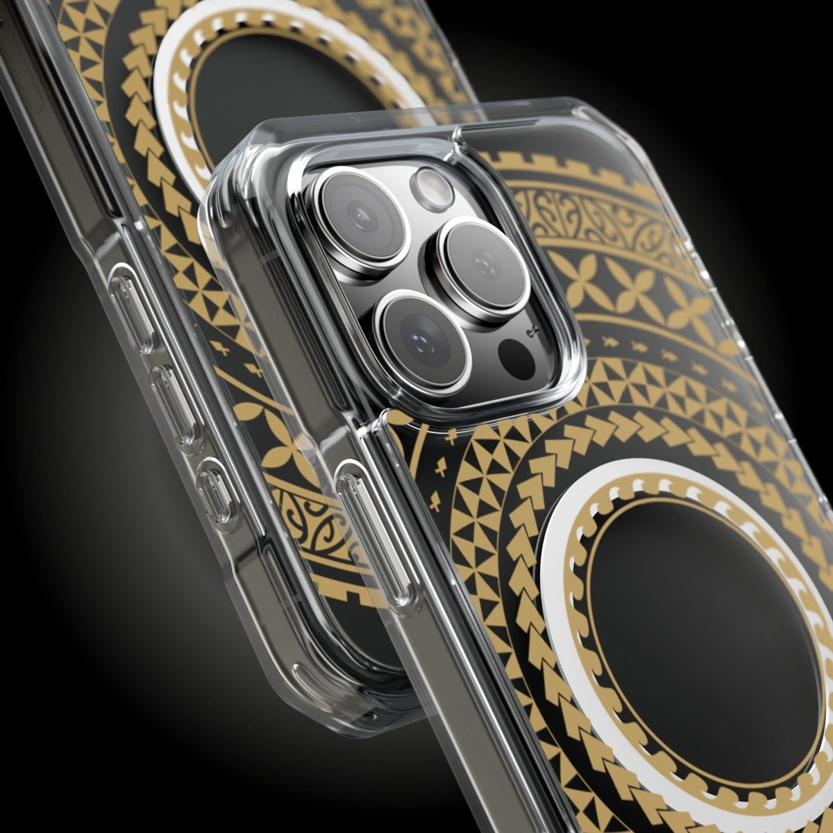 WOYC PasifikaOne MagSafe clear case for iPhone 16 in United Gold, showcasing a slim, transparent design with gold accents.