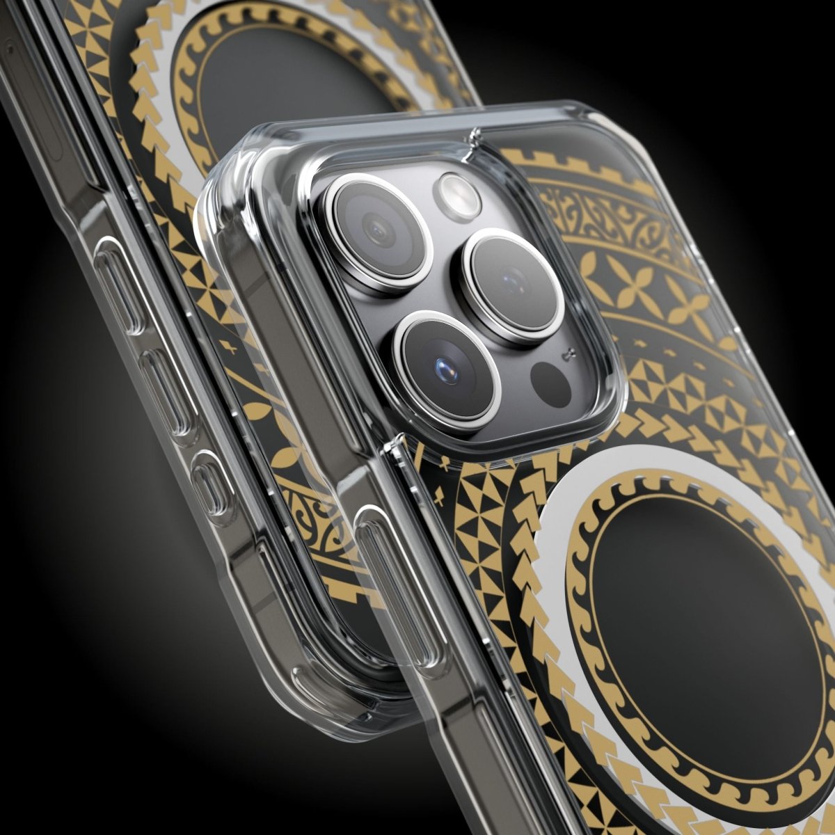 PasifikaOne MagSafe clear case for iPhone 16 in United Gold, showing the transparent design and gold accents.