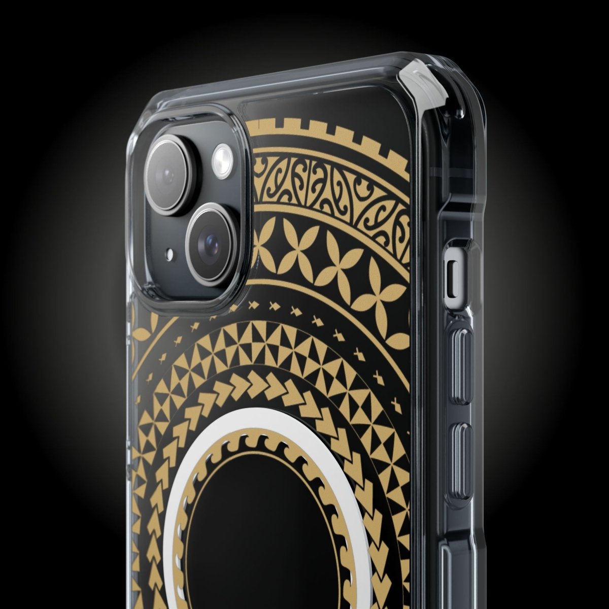 PasifikaOne MagSafe clear case for iPhone 16 in United Gold, showing the transparent design and MagSafe connector.