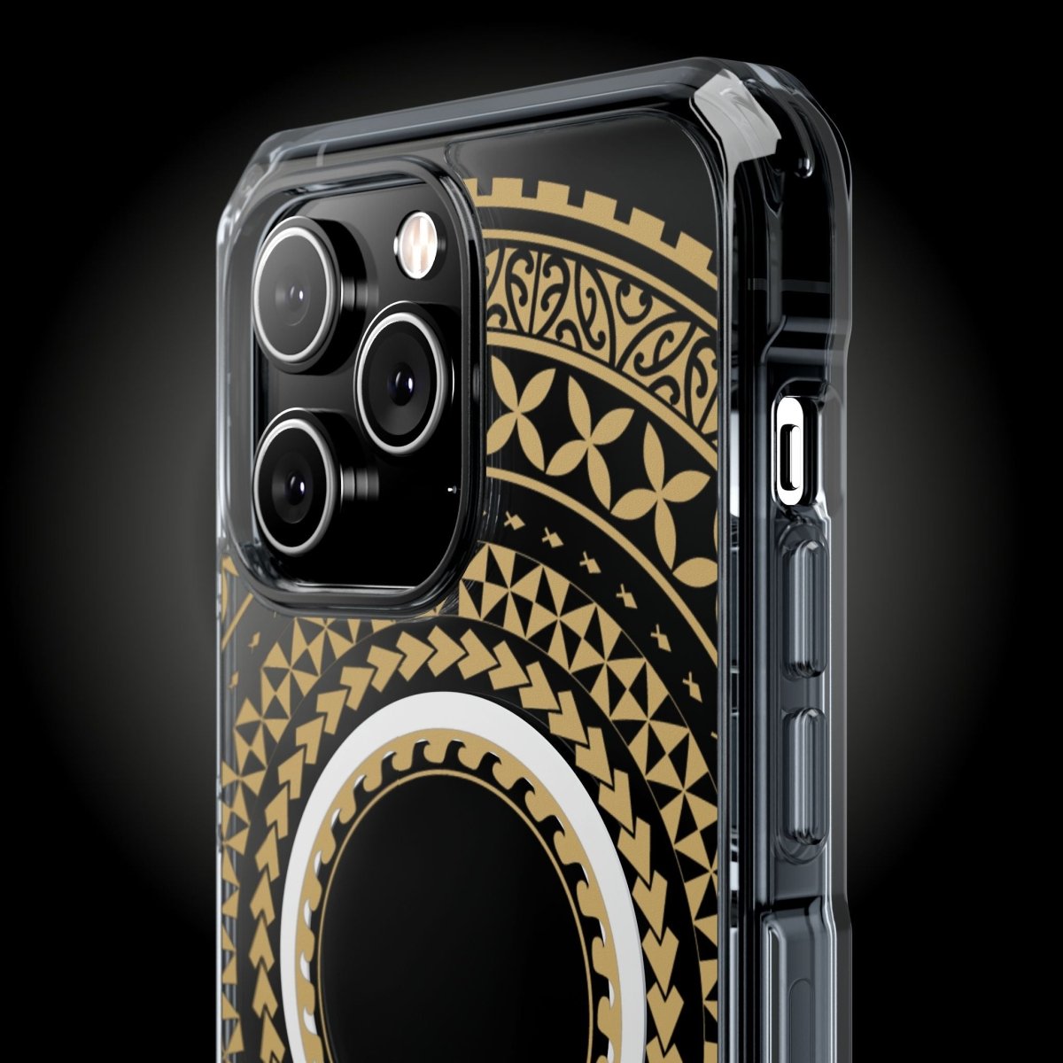 WOYC PasifikaOne MagSafe clear case for iPhone 16 in United Gold, showcasing slim, transparent protection with gold accents.