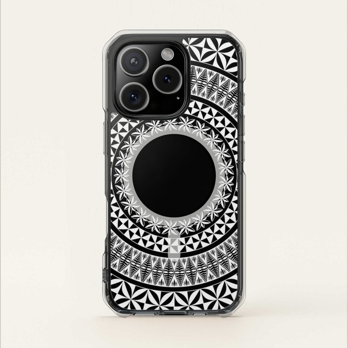 PasifikaOne MagSafe clear case for iPhone 16, Tongan design, transparent phone cover with MagSafe compatibility.