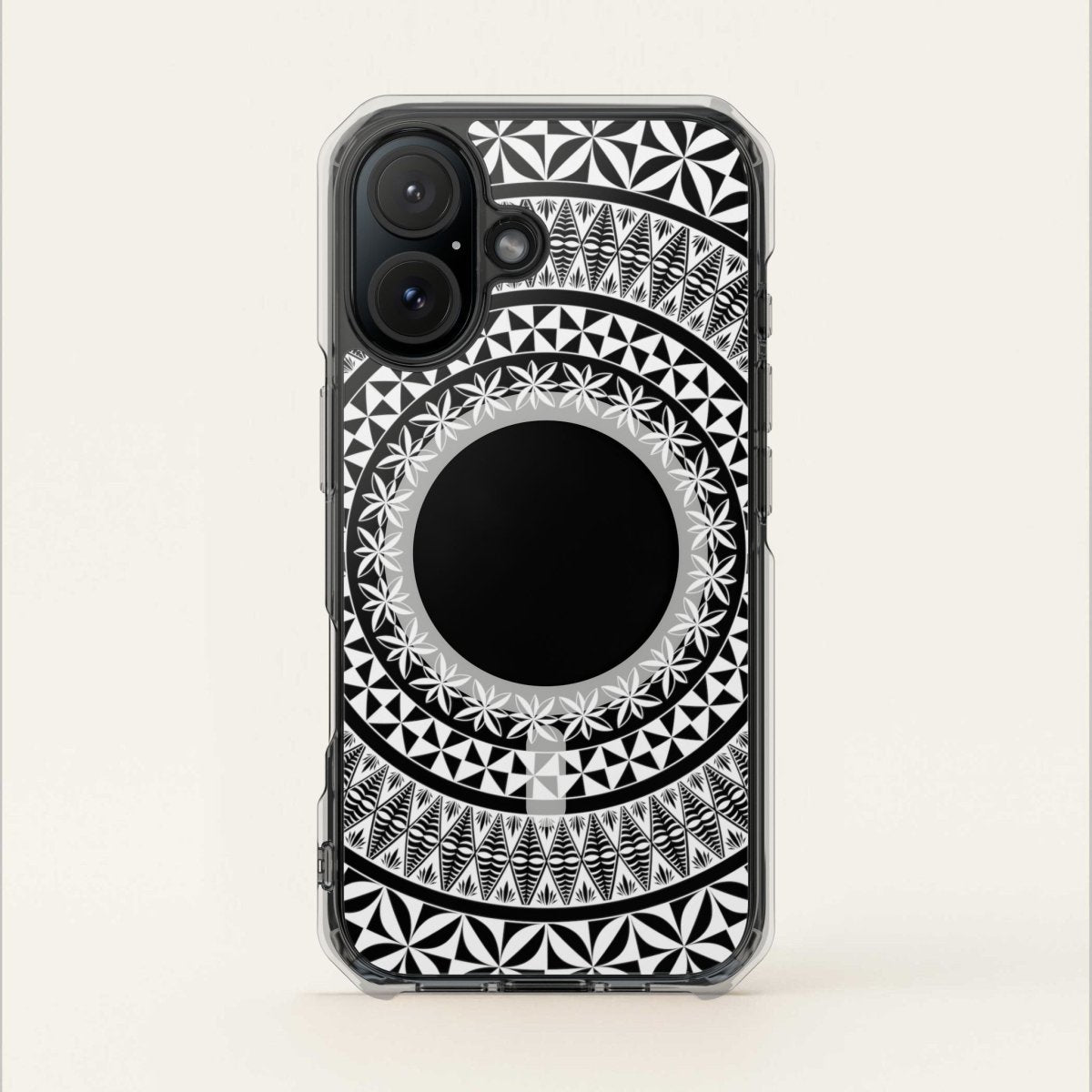 PasifikaOne MagSafe clear phone case for iPhone 16, featuring Tongan design, transparent protection, and MagSafe compatibility.