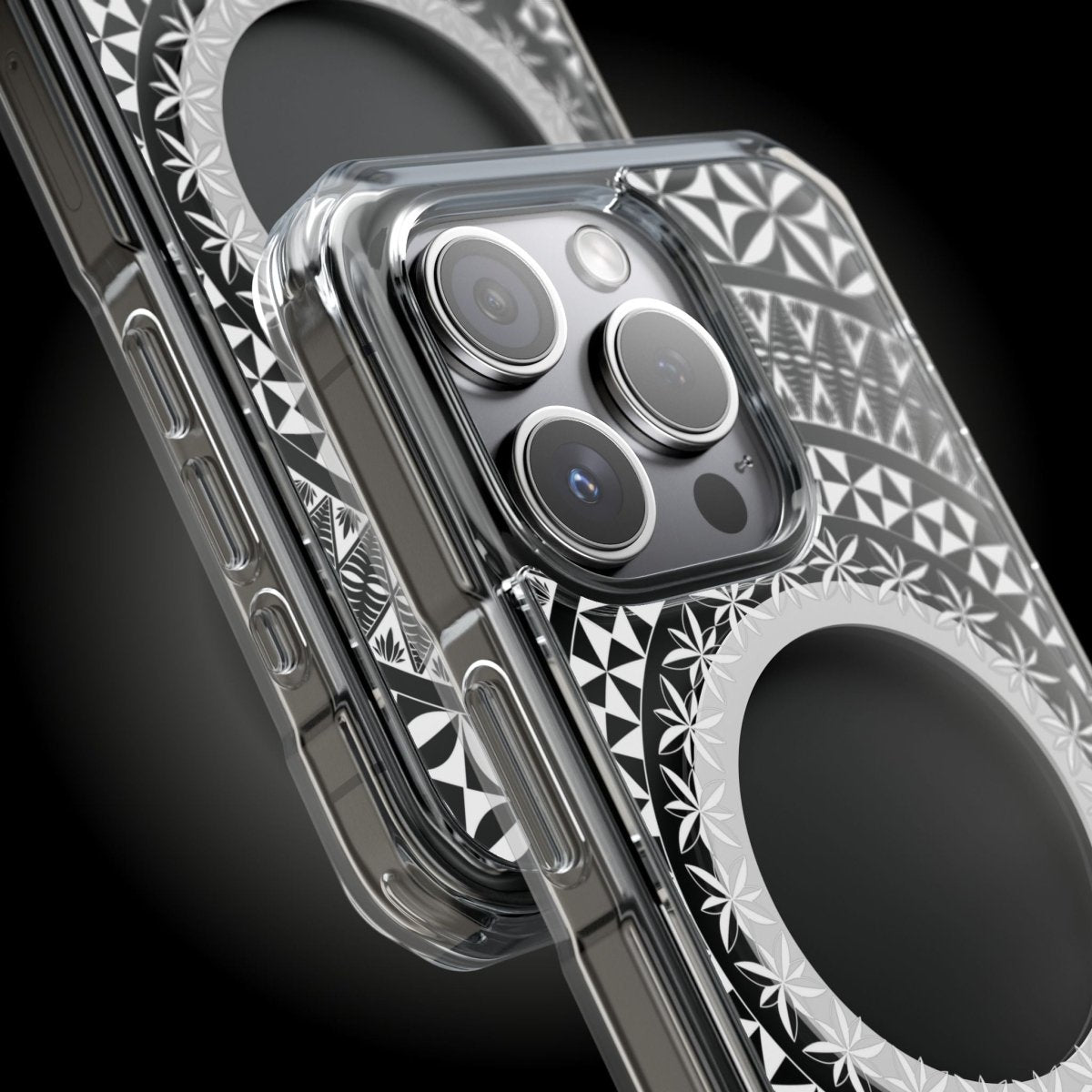 PasifikaOne MagSafe clear phone case for iPhone 16, featuring Tongan design, transparent material, and magnetic compatibility.