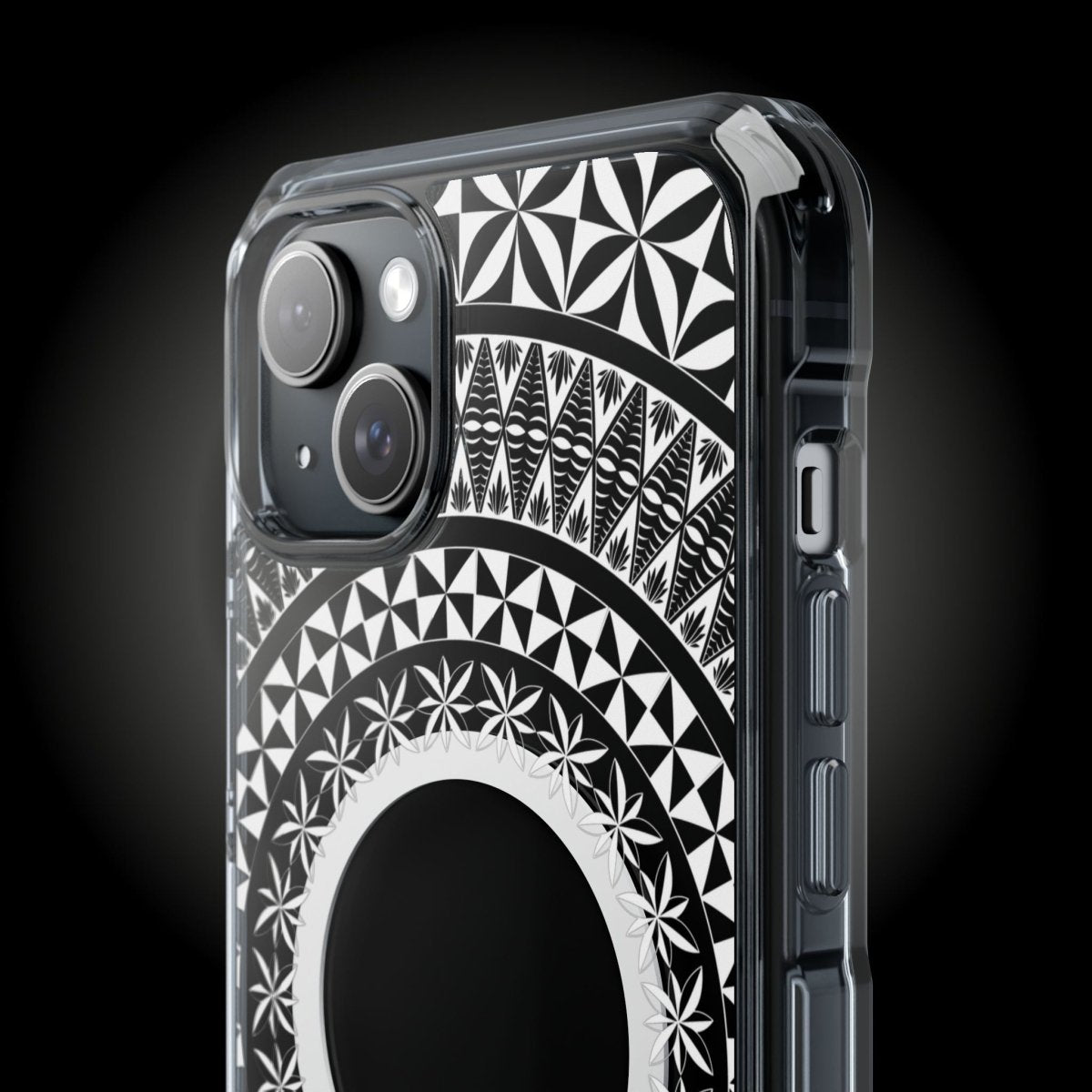 PasifikaOne MagSafe clear case for iPhone 16, showcasing a transparent design with Tongan-inspired details.