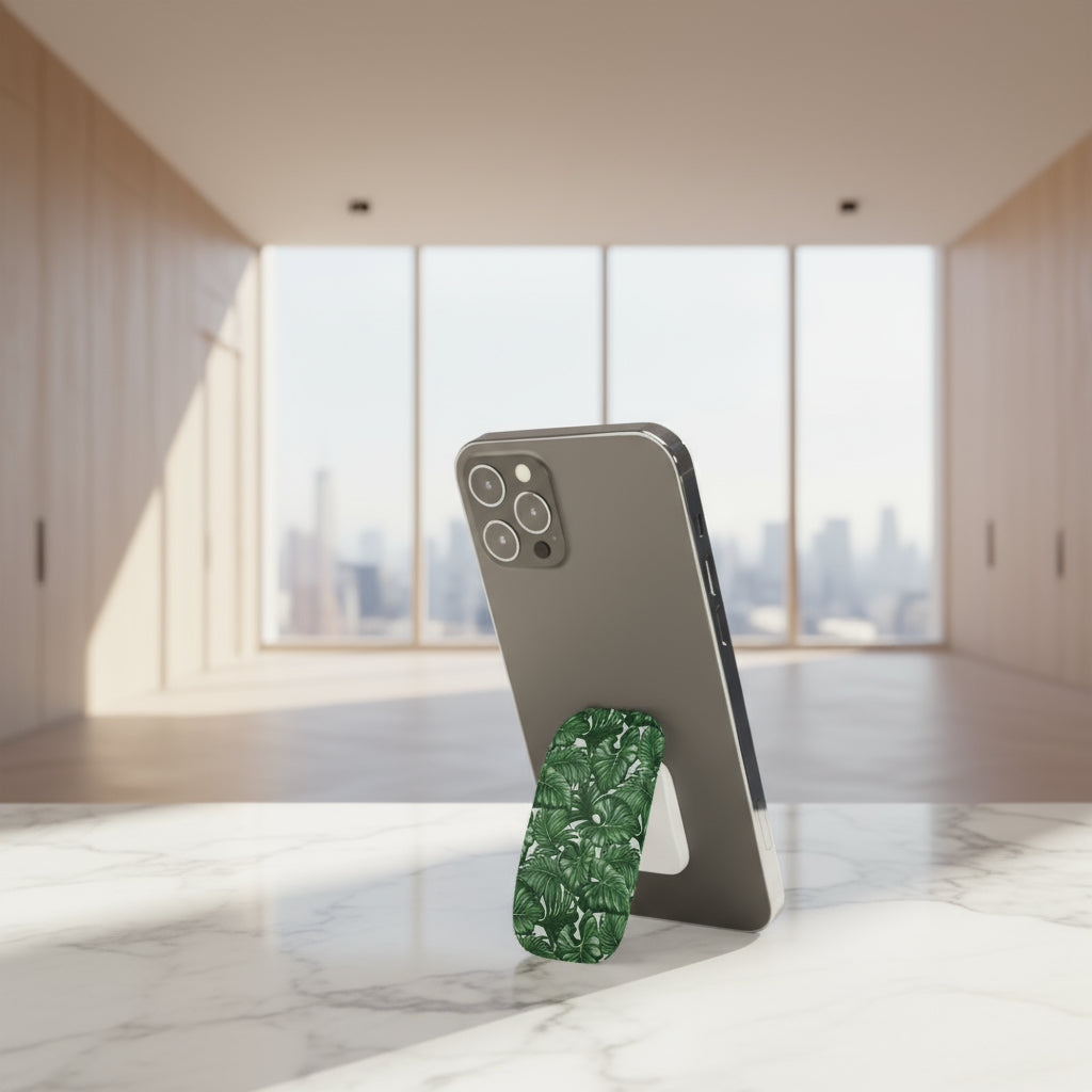 White glossy Saoluafata phone grip stand by WOYC for AU, NZ, and US, showing a sleek, one-size mobile accessory in close-up.