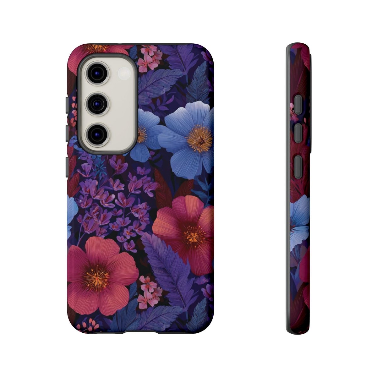 Samsung Galaxy S25 tough phone case by Printify with lavender tropics design, glossy finish, suitable for AU, NZ, and USA markets.