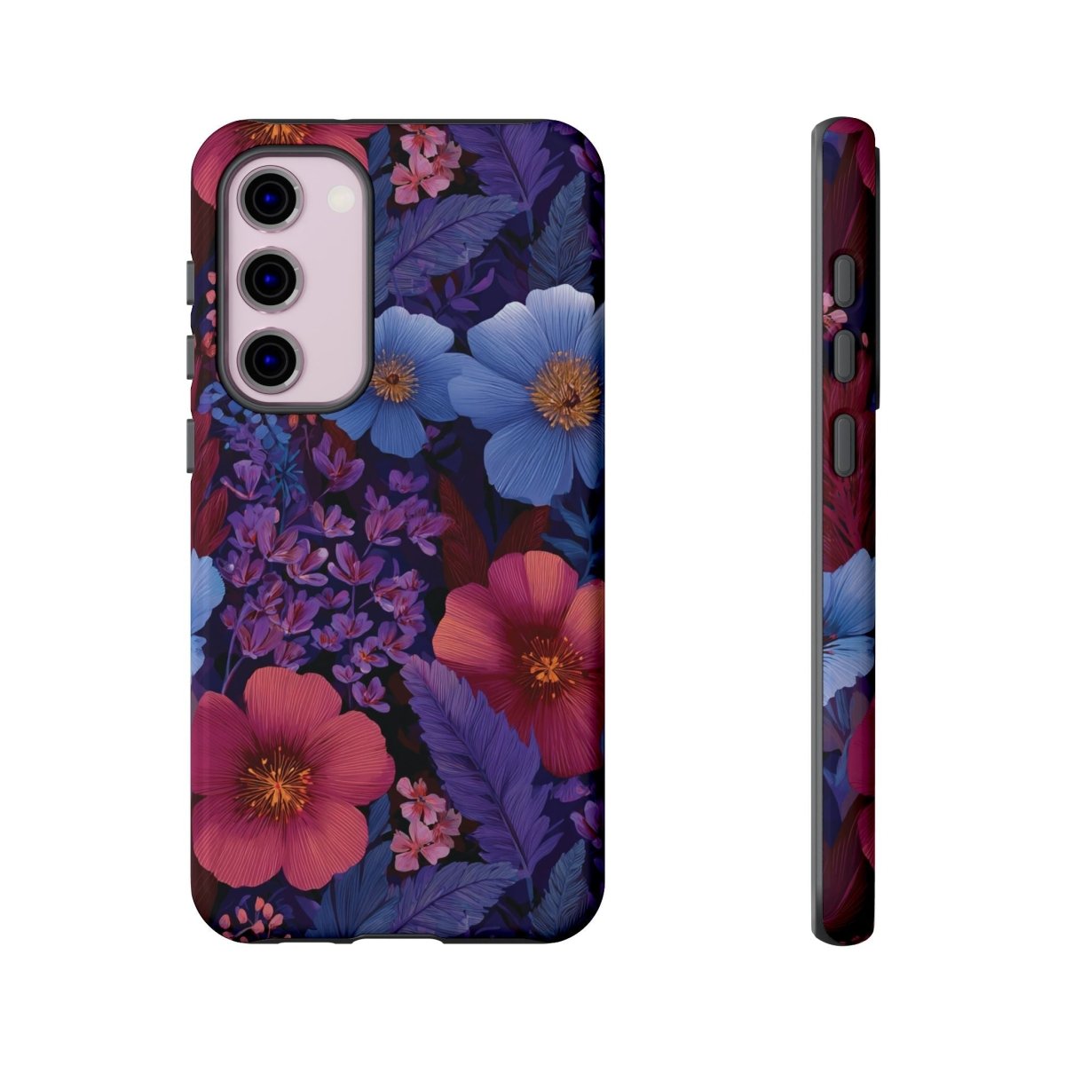 Samsung Galaxy S25 tough phone case by Printify with a lavender tropics design, glossy finish, suitable for AU, NZ, and USA models.