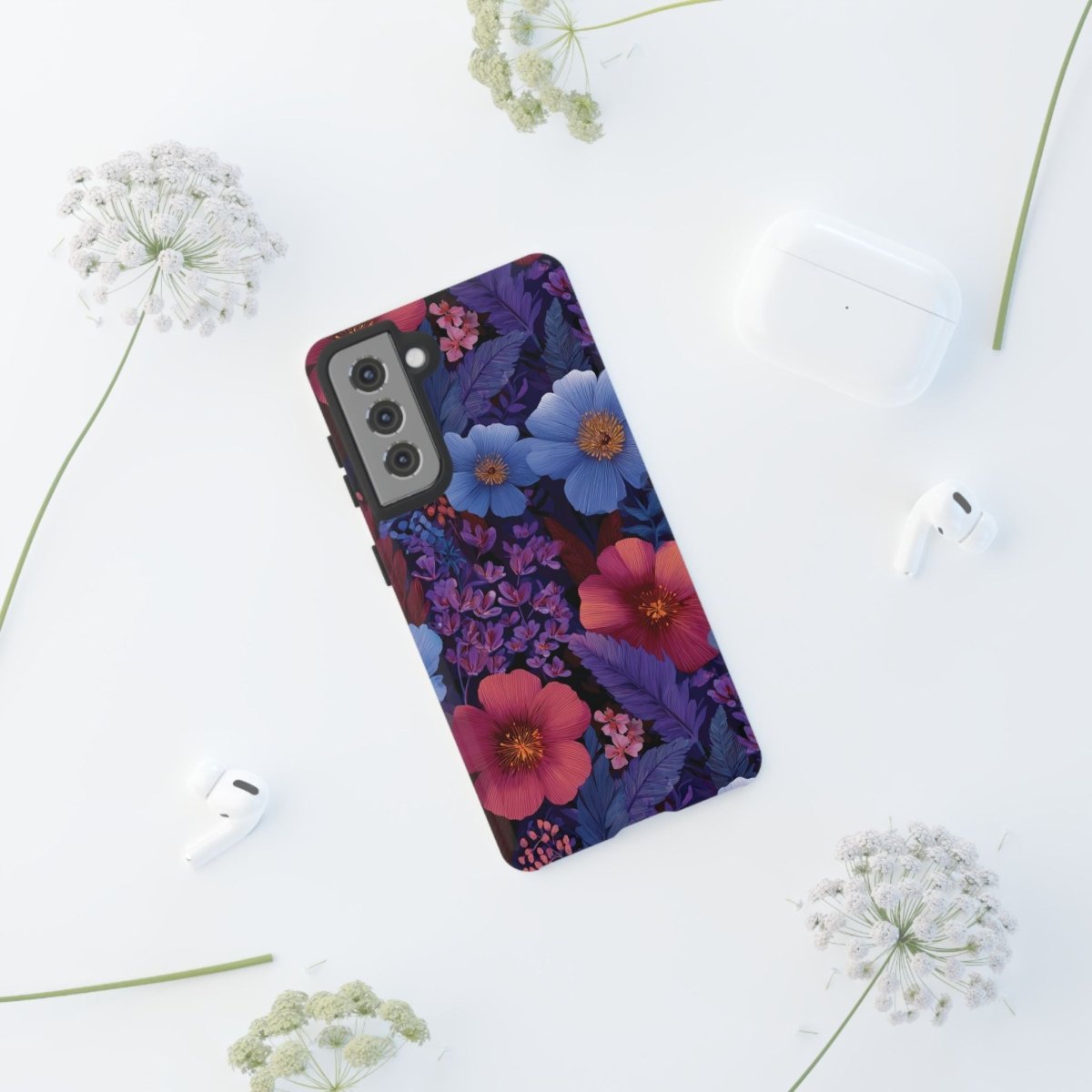 Samsung Galaxy S25 tough phone case by Printify with lavender tropics design, glossy finish, suitable for AU, NZ, and USA markets.