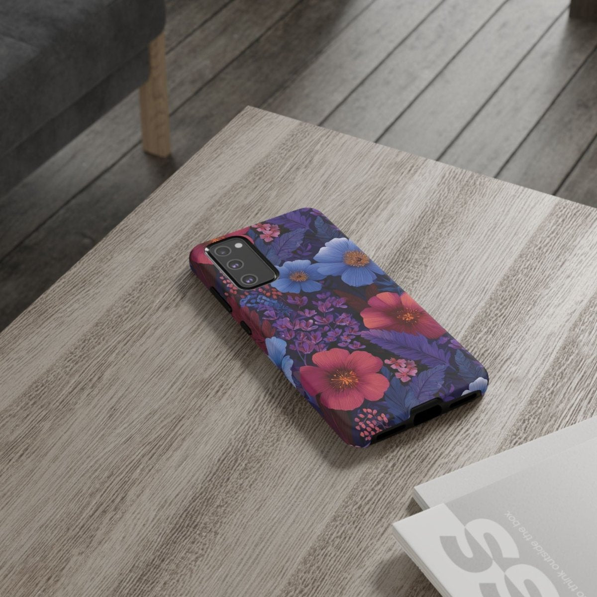 Samsung Galaxy S25 tough phone case in lavender tropics design by Printify, glossy finish and rugged protection.