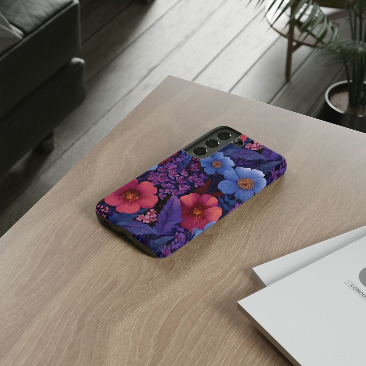 Samsung Tough Phone Case in Lavender Tropics design, glossy finish, compatible with Galaxy S25, by Printify.