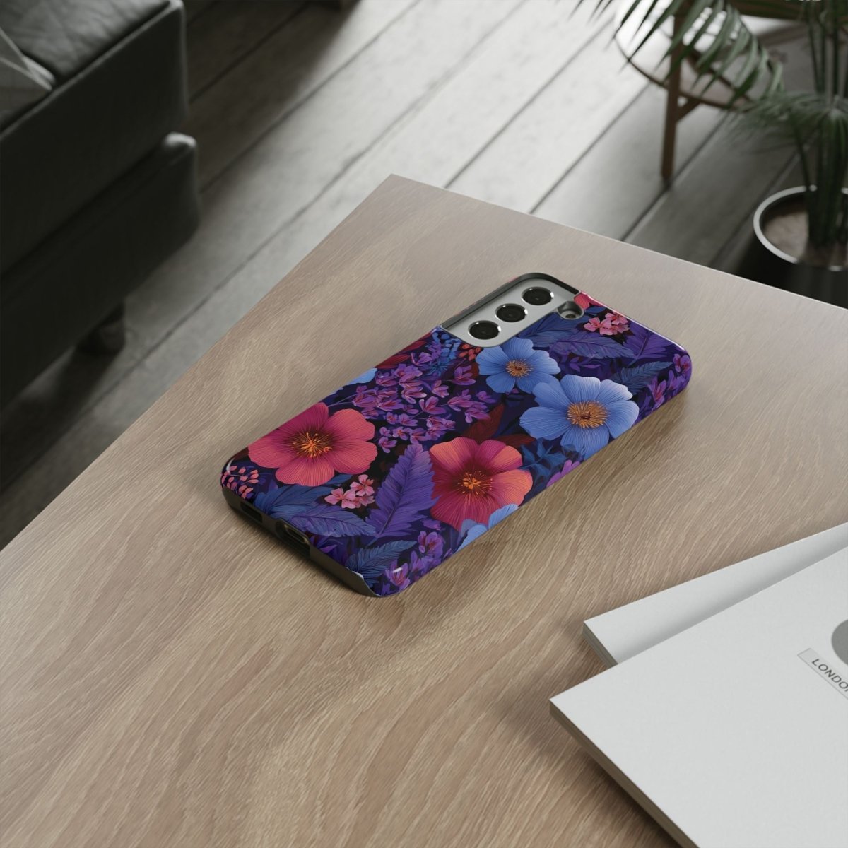 Samsung Galaxy S25 tough phone case by Printify with lavender tropics design, glossy finish and rugged protection.