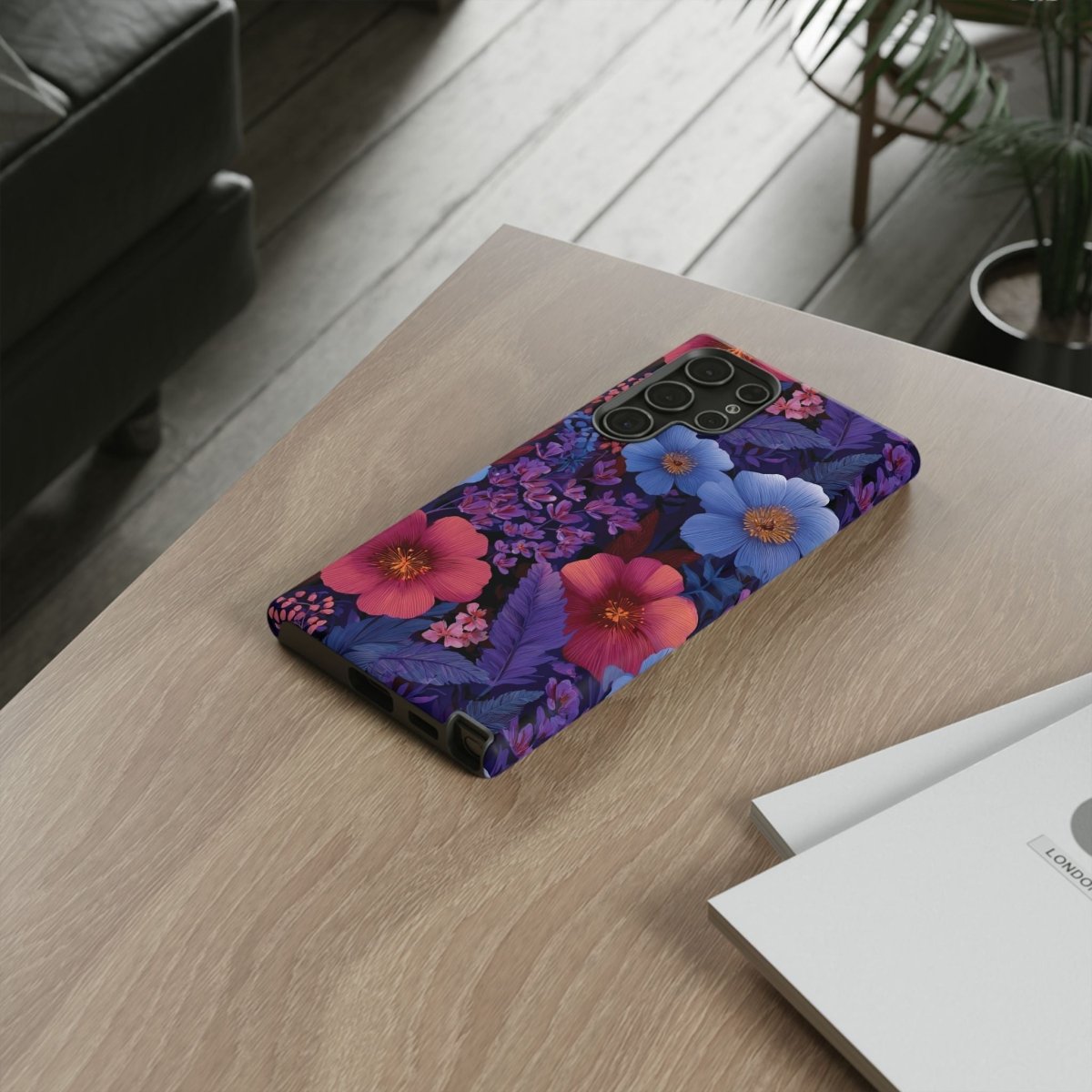 Samsung Galaxy S25 tough phone case by Printify featuring Lavender Tropics design, glossy finish, for AU, NZ, and USA markets.