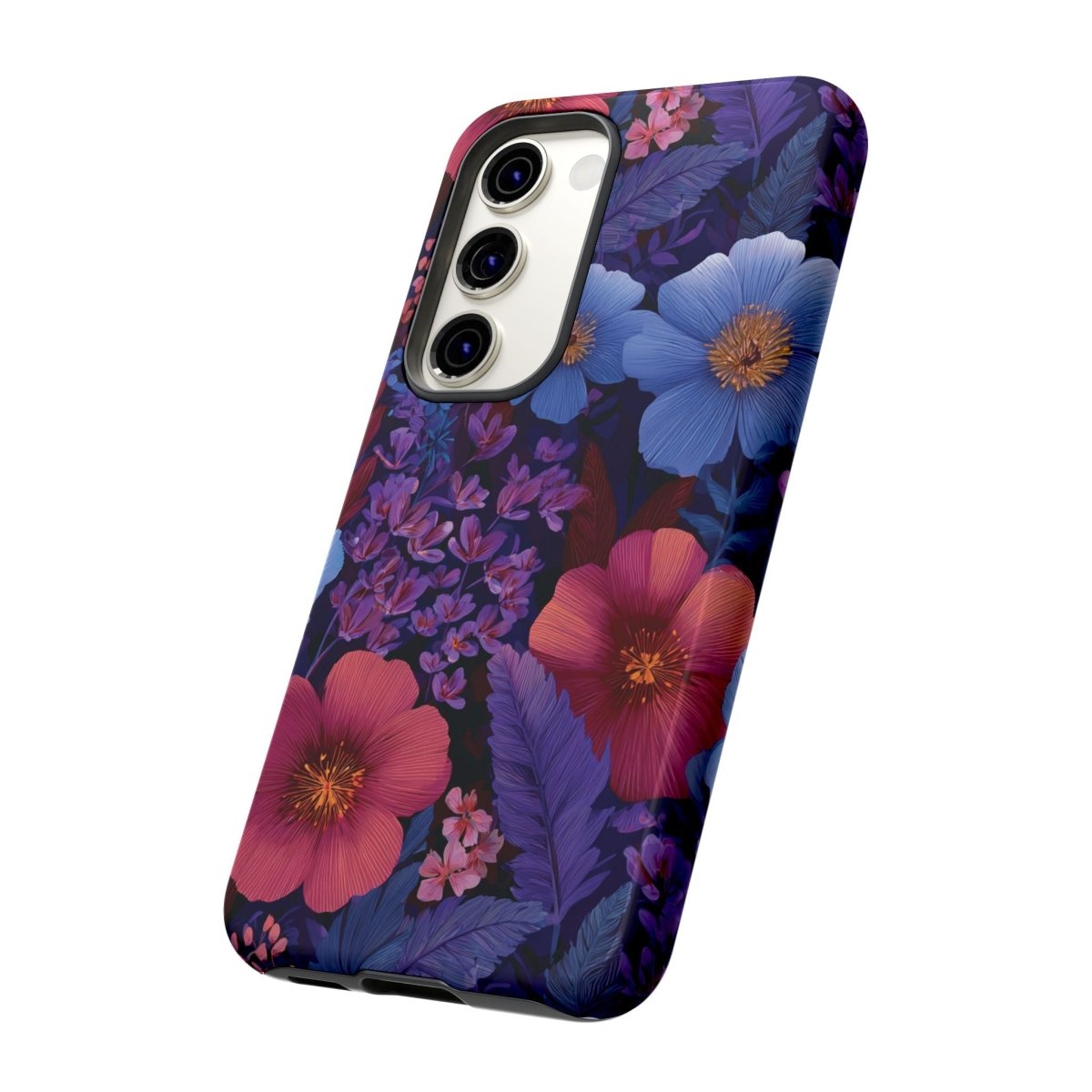 Samsung Galaxy S25 tough phone case in lavender tropics design, glossy finish for durability and style.