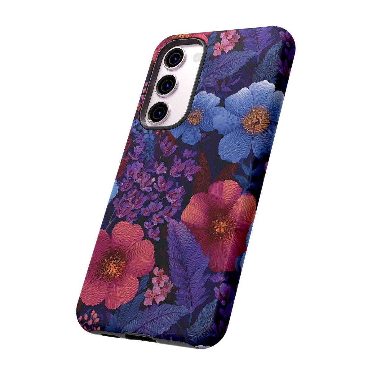 Samsung Galaxy S25 tough phone case by Printify with lavender tropics design, glossy finish, suited for AU, NZ, and USA markets.