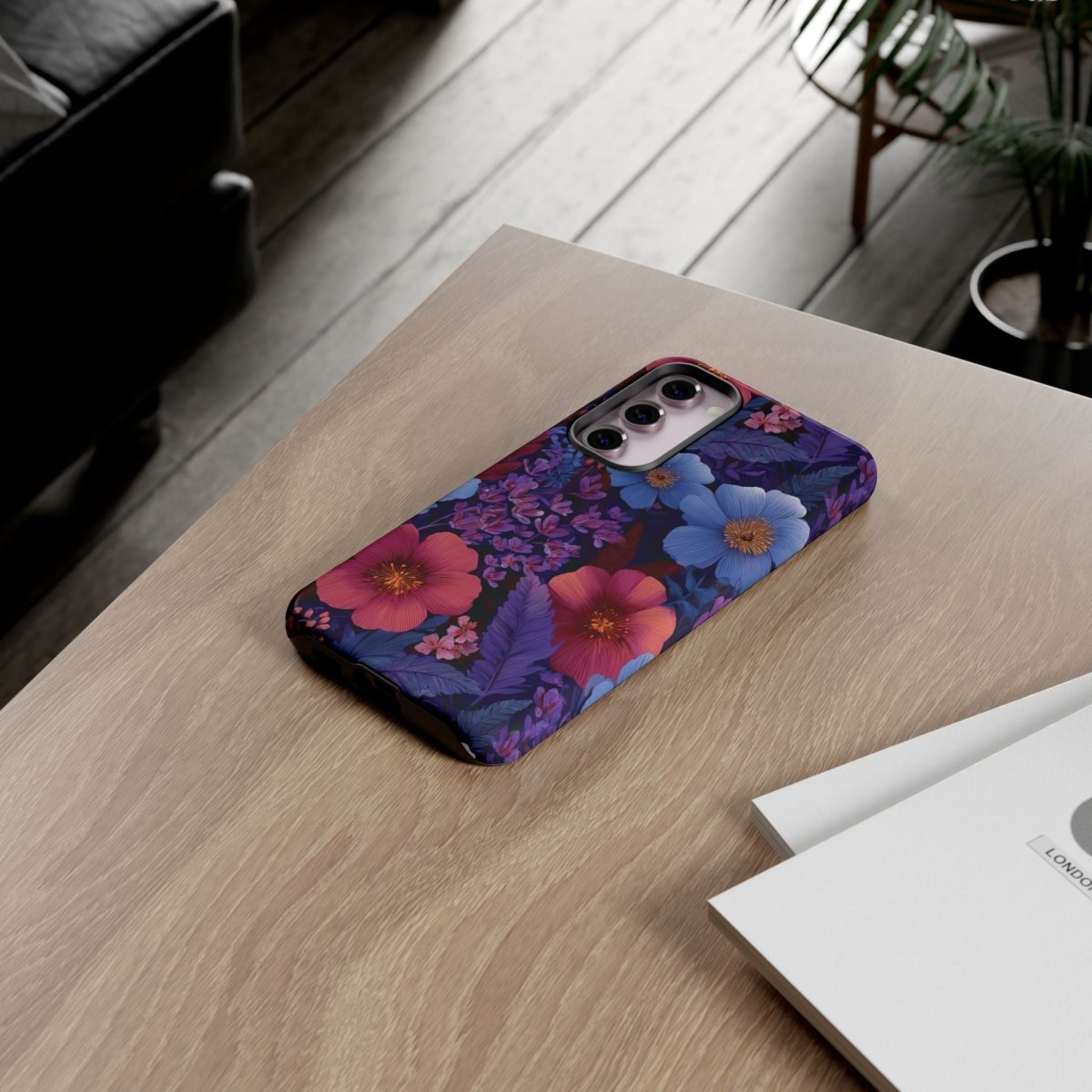 Samsung Galaxy S25 tough phone case by Printify featuring Lavender Tropics design, glossy finish, suitable for AU, NZ, and USA.