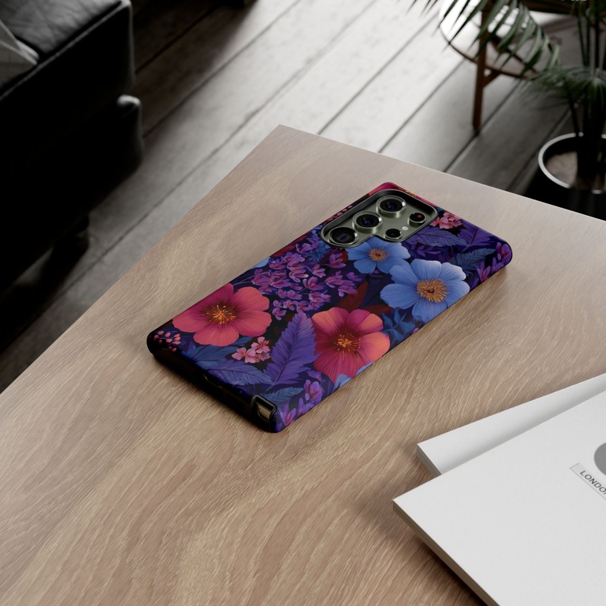 Samsung Tough Phone Case in Lavender Tropics print for Galaxy S25, glossy finish, designed for AU, NZ, and USA markets.