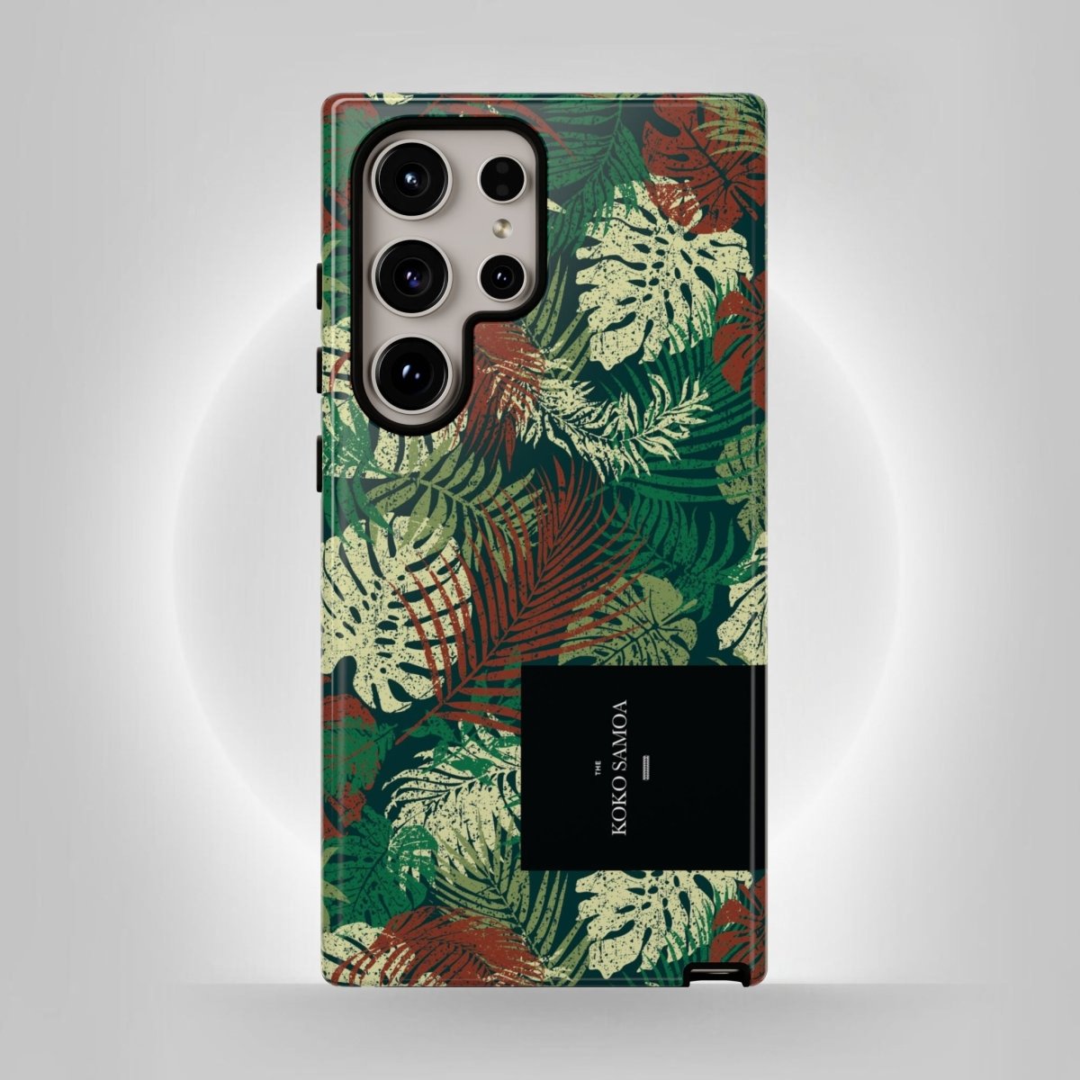Samsung Galaxy S25 tough phone case by WOYC in Tafatafa Greens, featuring a durable, glossy design for added protection.