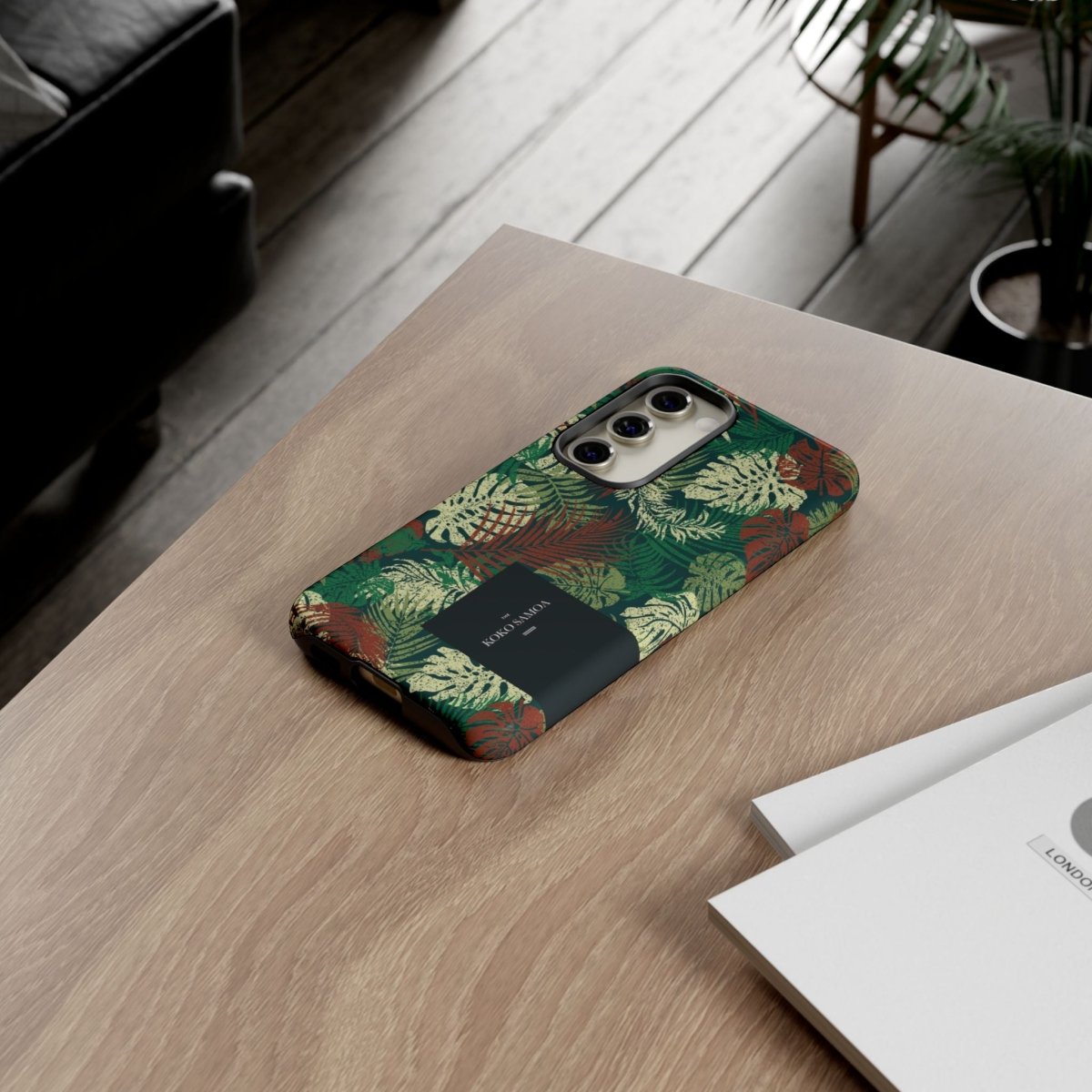 Samsung Galaxy S25 tough phone case by WOYC in Tafatafa Greens offers durable protection with a glossy finish.